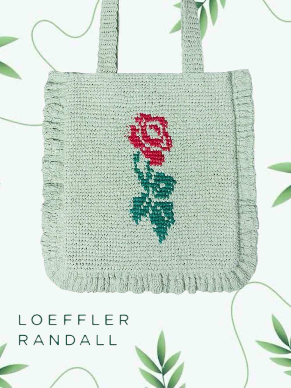 NWT Loeffler Randall Justine Raffia Ruffle Tote Bag Mint Rose Pristine
